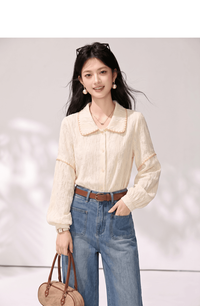 실사 배색 질감 센스 패치워크 폴로 칼라 긴팔 여성 셔츠 가을 새로운 루즈핏 다용도 긴팔 맨위 상세 이미지 4