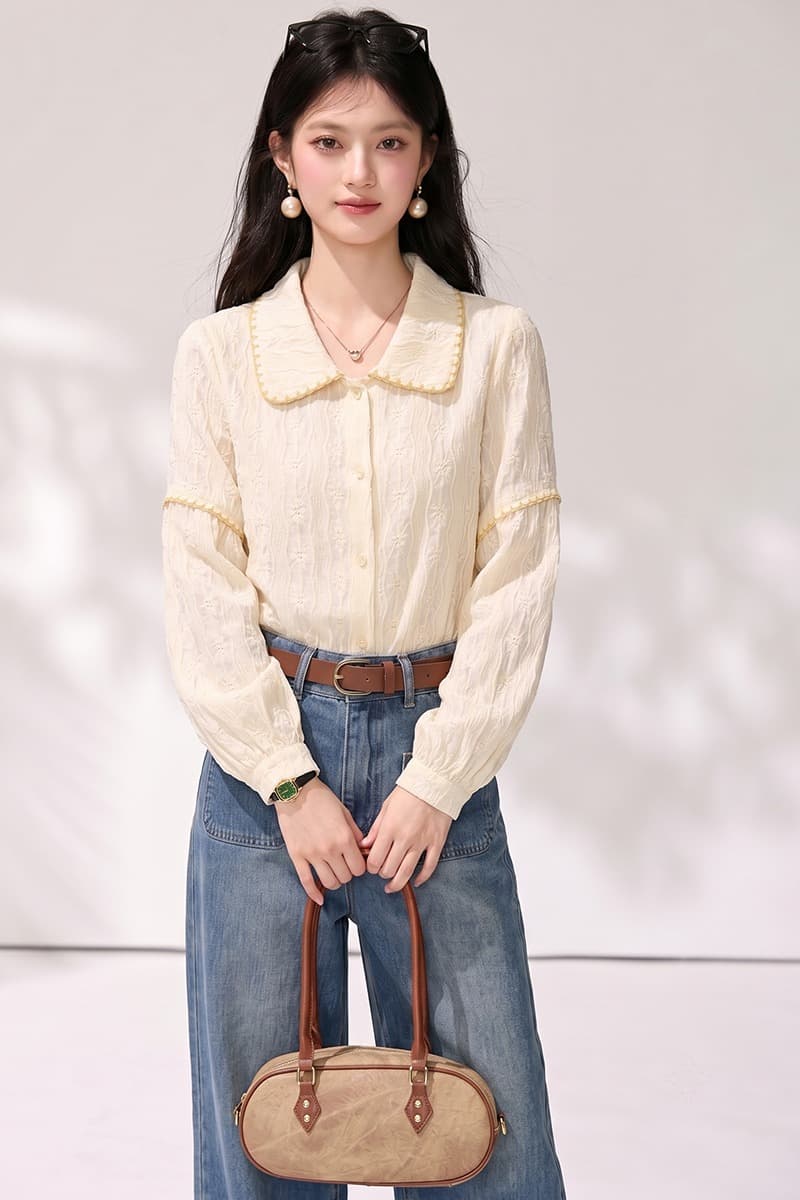 실사 배색 질감 센스 패치워크 폴로 칼라 긴팔 여성 셔츠 가을 새로운 루즈핏 다용도 긴팔 맨위 이미지 7