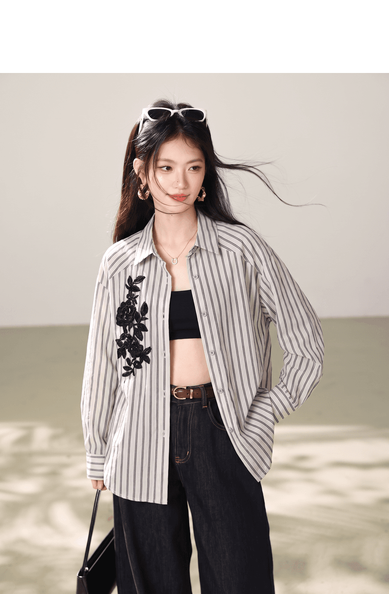 실사 세로 줄무늬 자수 긴팔 여성 셔츠 2026 한 부서 고급 센스 루즈핏 맨위 재킷 캐주얼 셔츠 상세 이미지 5