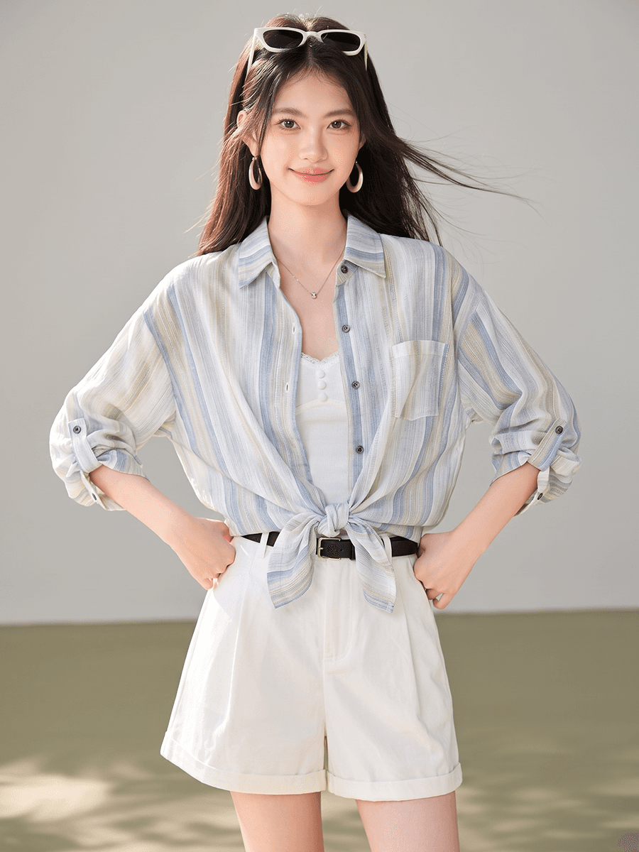 실사 자외선 차단 셔츠 재킷 외부 가져 가라. 파란색 스트라이프 셔츠 이른 가을 맨위 오픈 가디건 여름 얇은 스타일 얇고 가벼운 블라우스 이미지 5