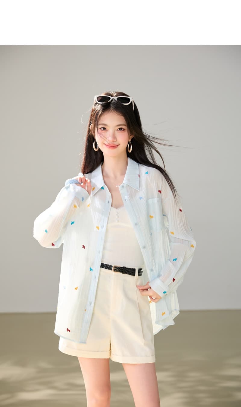 실사 있음 멩 이자 자수 파란색 셔츠 여성 긴 소매 2026 가을 의상 질감 센스 루즈핏 셔츠 재킷 상세 이미지 8