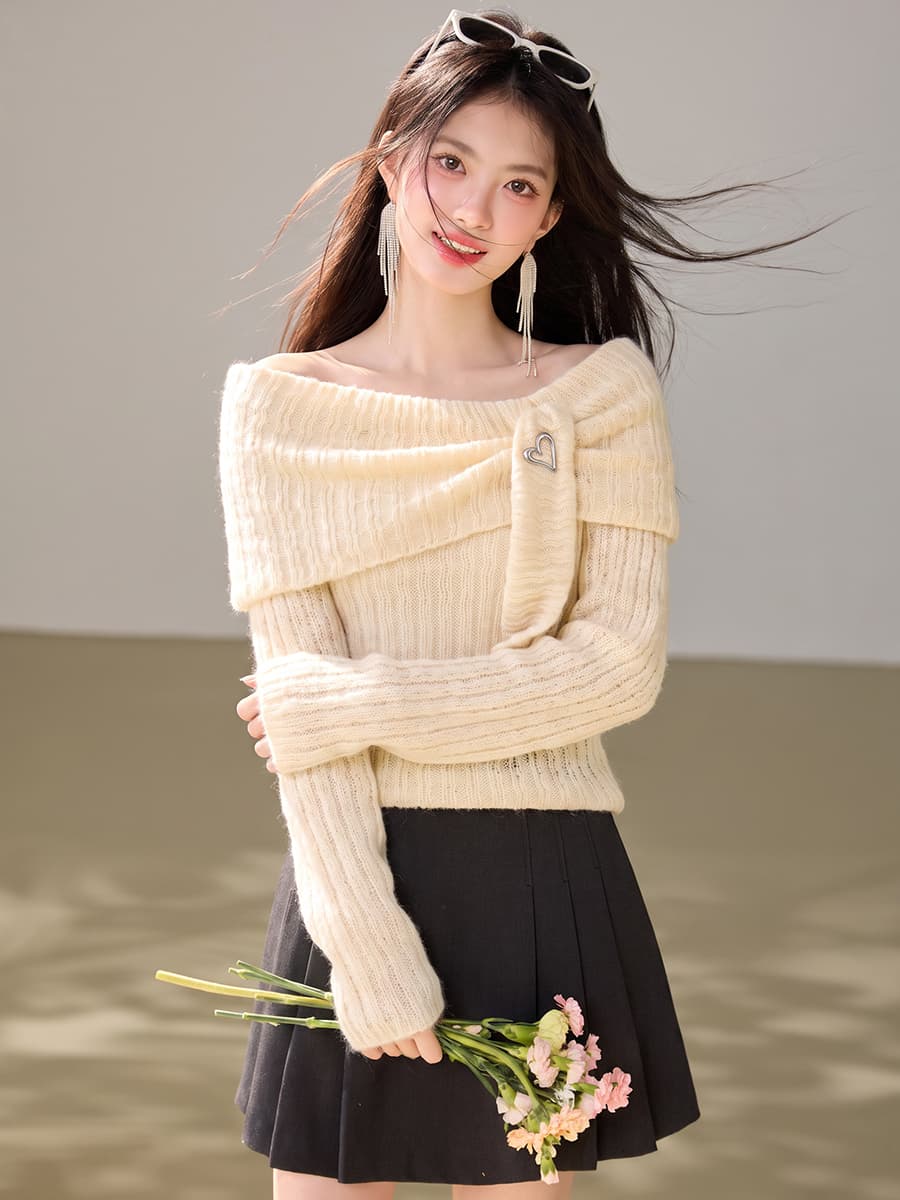 실사 있음 2026 년 가을 Chic 디자인 보트넥 니트 스웨터 다용도 슬림해 보이는 느긋한 바람 맨위 이미지 4