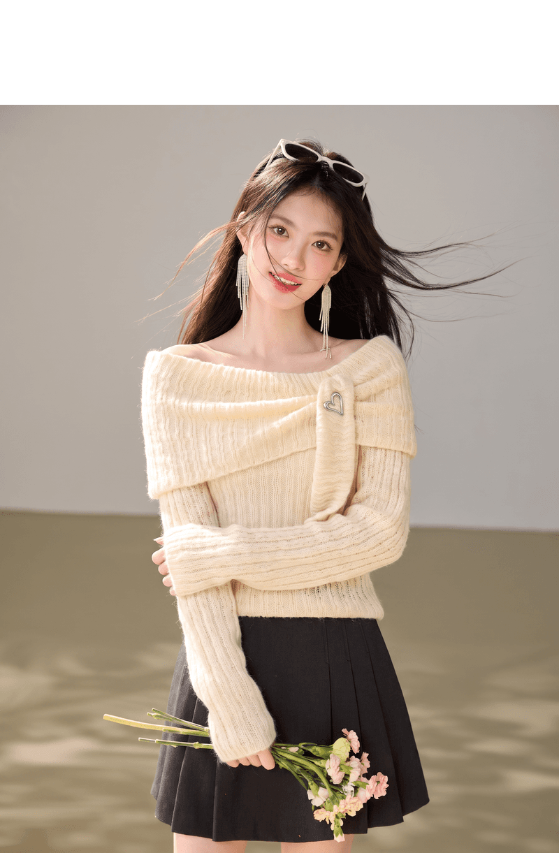 실사 있음 2026 년 가을 Chic 디자인 보트넥 니트 스웨터 다용도 슬림해 보이는 느긋한 바람 맨위 상세 이미지 2