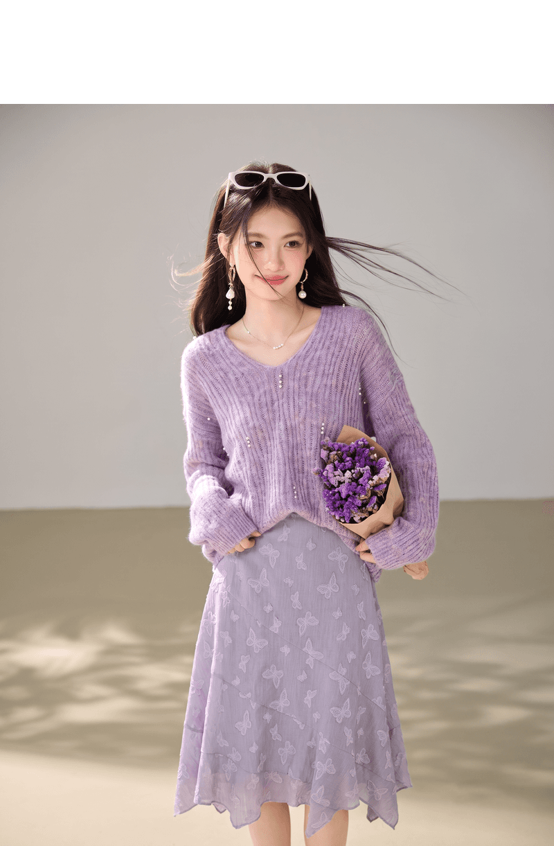 실사 있음 2026 비즈 박기 미니멀리즘 다용도 부드러운 찹쌀 루즈핏 슬림해 보이는 캐주얼 느긋한 바람 V넥 스웨터 여자 상세 이미지 6