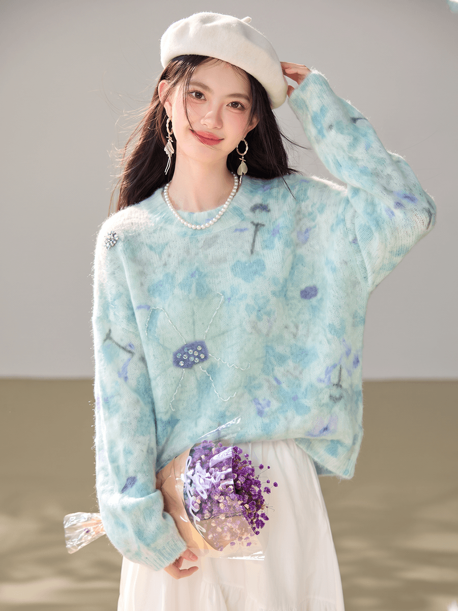 실사 있음 2026 느긋한 바람 핑크색 그라데이션 색상 비즈 박기 스팽글 루즈핏 스웨터 니트 스웨터 여성 이미지 2