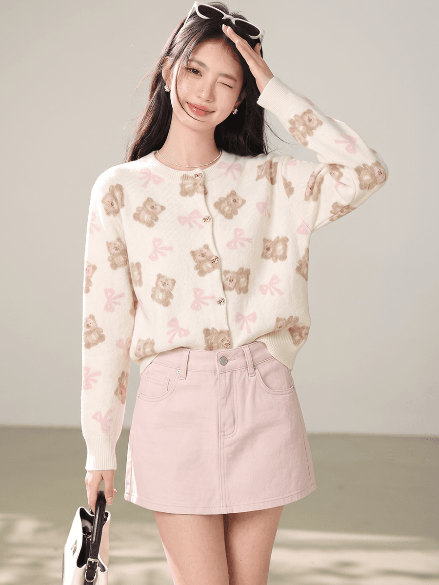 실사 한 부서 꽃무늬 작은 곰 니트 오픈 가디건 여성 가을 새로운 스웨터 슬림해 보이는 다용도 달콤함 연령 감소 이미지 5