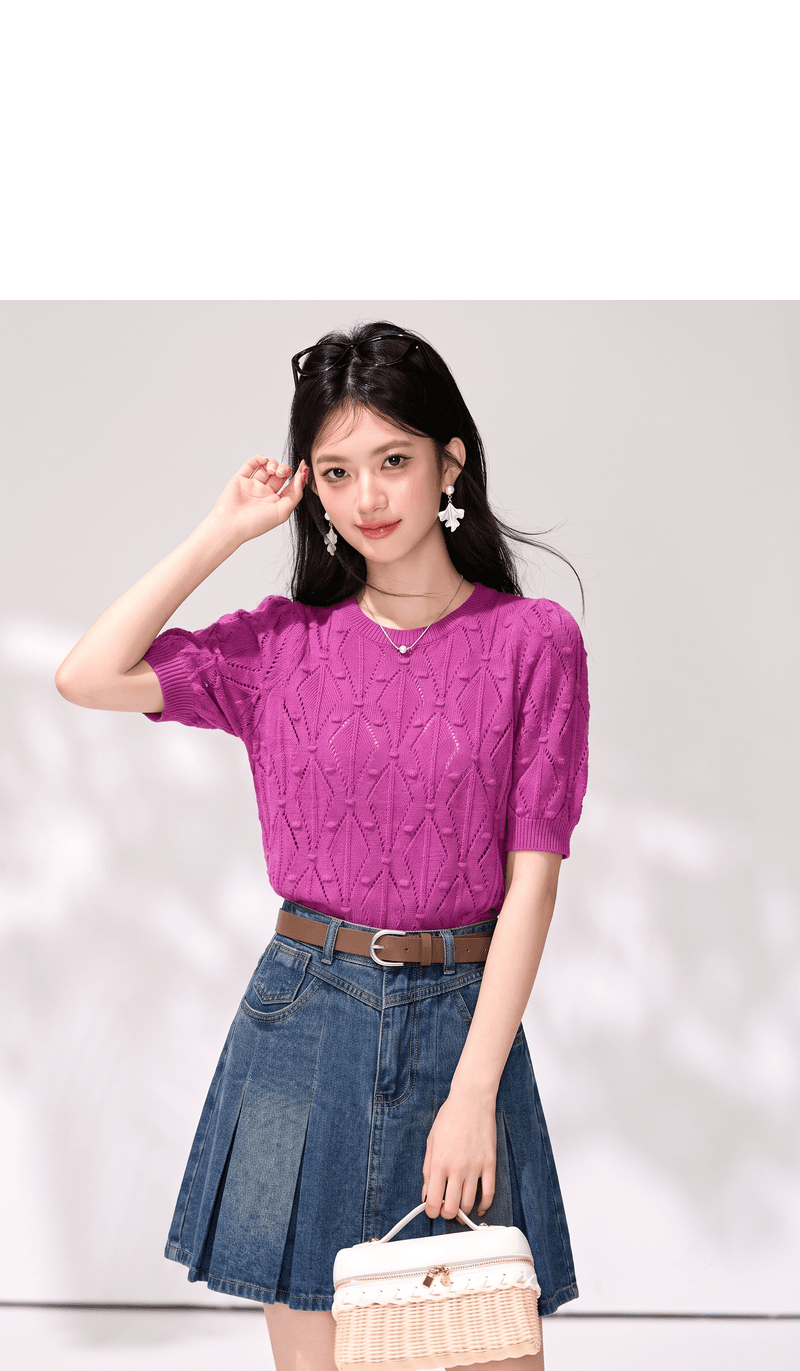 실사 홀로우 아웃 품격 라운드 넥 반팔 편안함 작은 셔츠 다용도 슬림해 보이는 자카드 질감 니트 스웨터 맨위 여성 상세 이미지 3