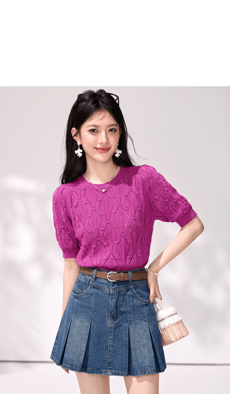 실사 홀로우 아웃 품격 라운드 넥 반팔 편안함 작은 셔츠 다용도 슬림해 보이는 자카드 질감 니트 스웨터 맨위 여성 상세 이미지 5