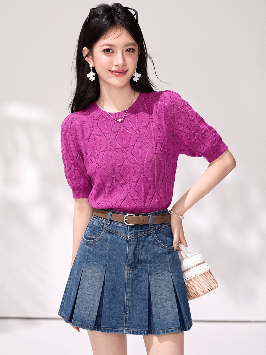 실사 홀로우 아웃 품격 라운드 넥 반팔 편안함 작은 셔츠 다용도 슬림해 보이는 자카드 질감 니트 스웨터 맨위 여성 이미지 2