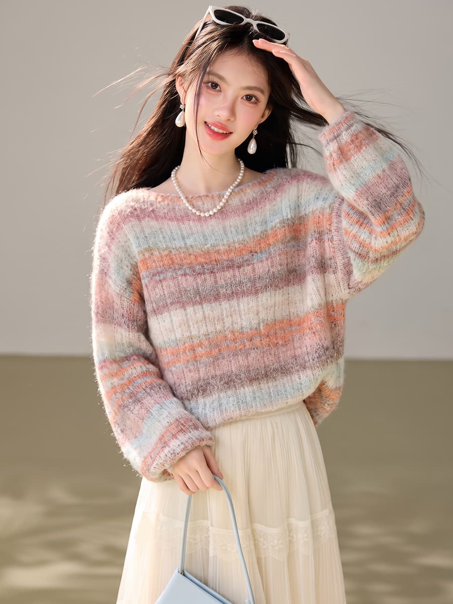 실사 홀치기 염색 색상 무지개 스트라이프 해마 스웨터 니트 스웨터 여성 이른 가을 루즈핏 디자인 센스 느긋한 긴팔 이미지 4