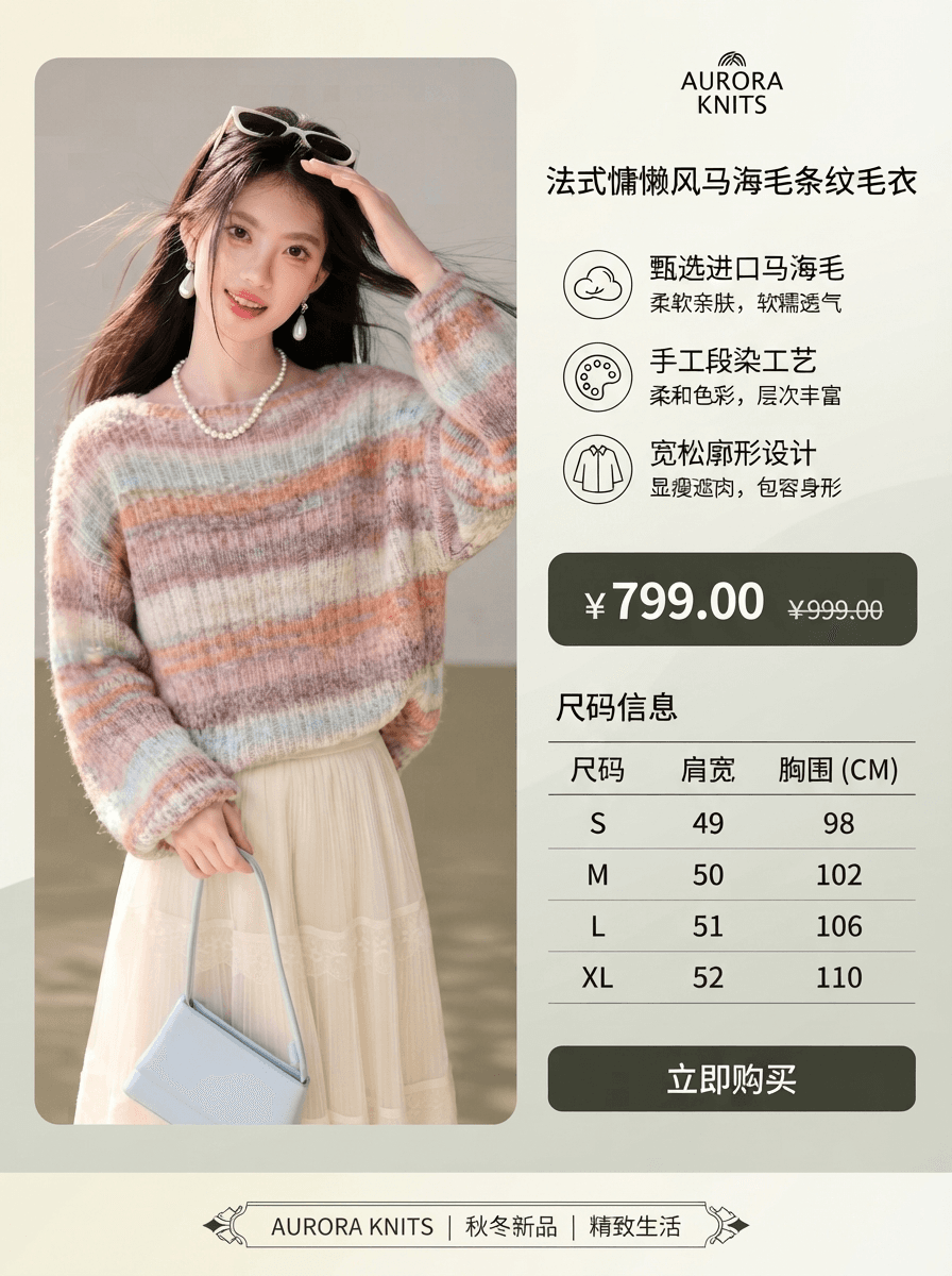 실사 홀치기 염색 색상 무지개 스트라이프 해마 스웨터 니트 스웨터 여성 이른 가을 루즈핏 디자인 센스 느긋한 긴팔 상세 이미지 1