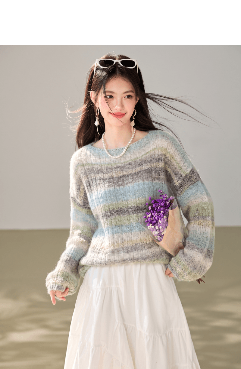 실사 홀치기 염색 색상 무지개 스트라이프 해마 스웨터 니트 스웨터 여성 이른 가을 루즈핏 디자인 센스 느긋한 긴팔 상세 이미지 3
