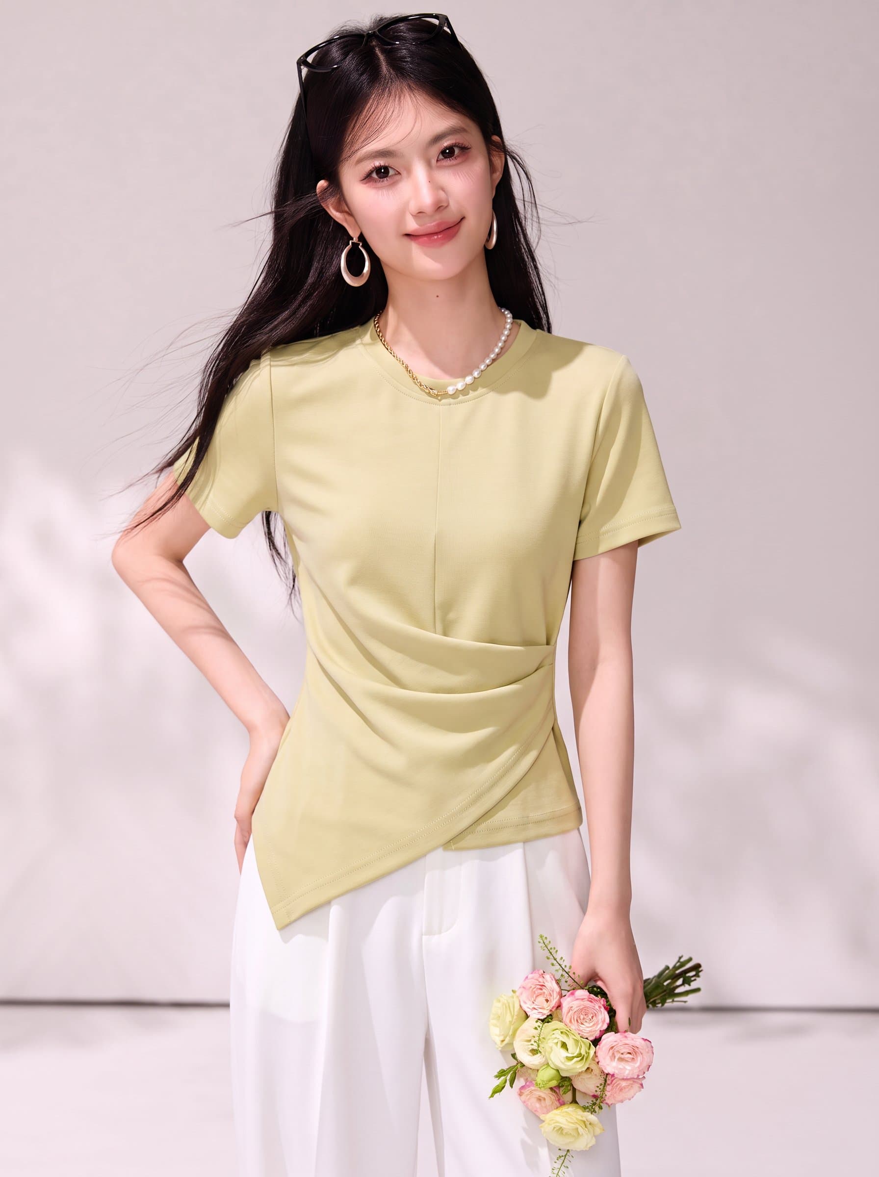 실사 불규칙 반팔 티셔츠 여성 Chic 몸매 가꾸기 허리 수축 품격 황색 비대칭 디자인 센스 맨위 이미지 5