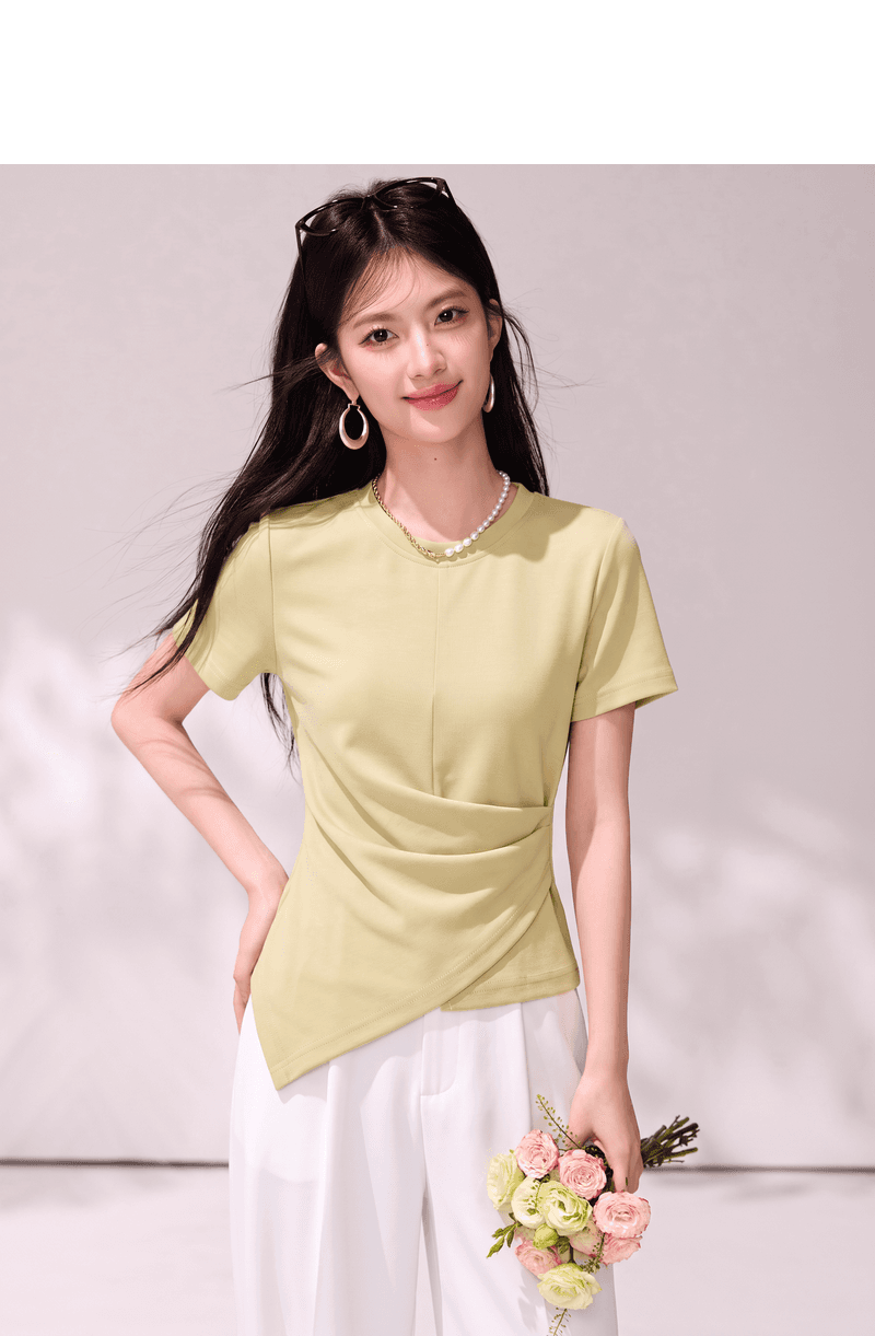 실사 불규칙 반팔 티셔츠 여성 Chic 몸매 가꾸기 허리 수축 품격 황색 비대칭 디자인 센스 맨위 상세 이미지 5