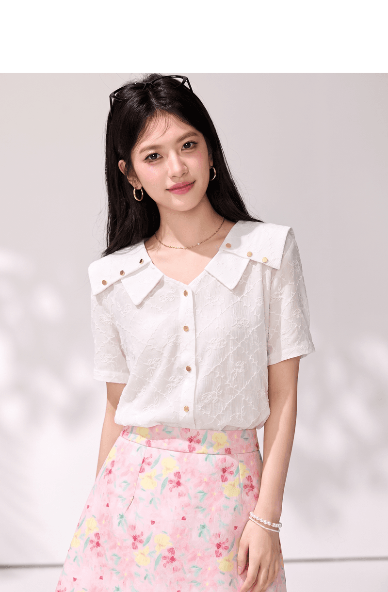 실사 프랑스식 디자인 센스 자카드 쉬폰 블라우스 여성 의류 여름 품격 이중층 칼라 슬림해 보이는 셔츠 상세 이미지 4