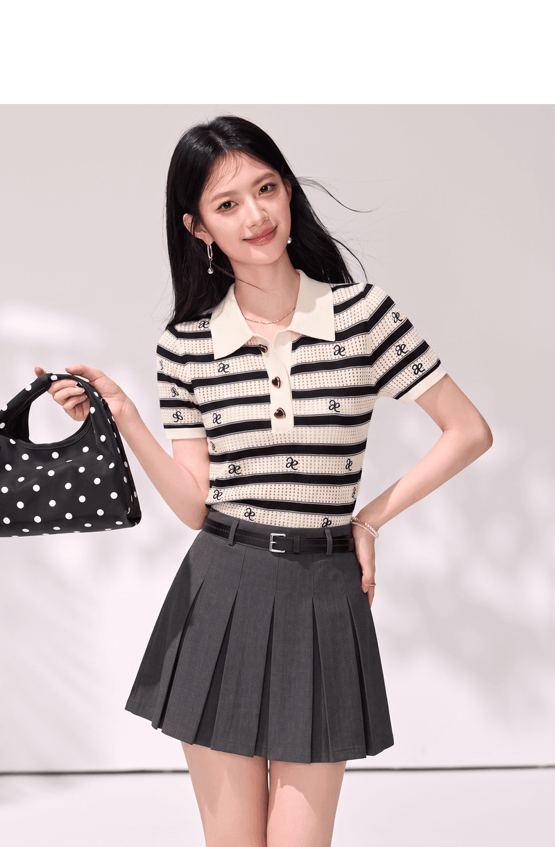 실사 배색 수평 줄무늬 홀로우 아웃 자수 무늬 심장 모양 버클 POLO 칼라 다용도 니트 스웨터 여성 상세 이미지 5