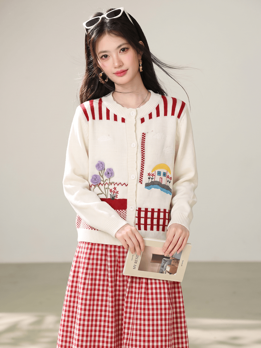 2026 이른 가을 새로운 배색 스트라이프 라운드 넥 니트 오픈 가디건 여성 부드러운 자수 꽃 스웨터 코트 이미지 2