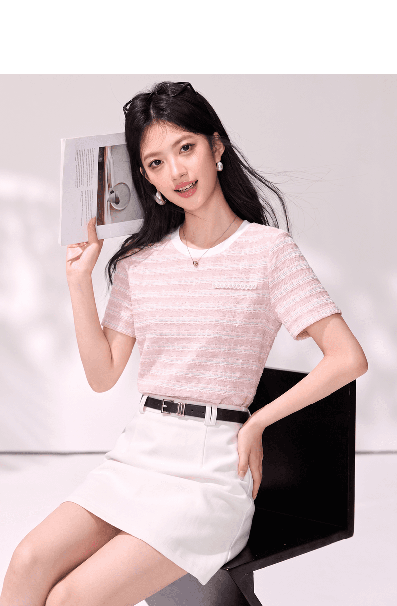 실사 작은 샤넬 스타일 핑크색 스트라이프 반팔 티셔츠 여성 여름 새로운 품격 연령 감소 배색 라운드 넥 맨위 상세 이미지 3