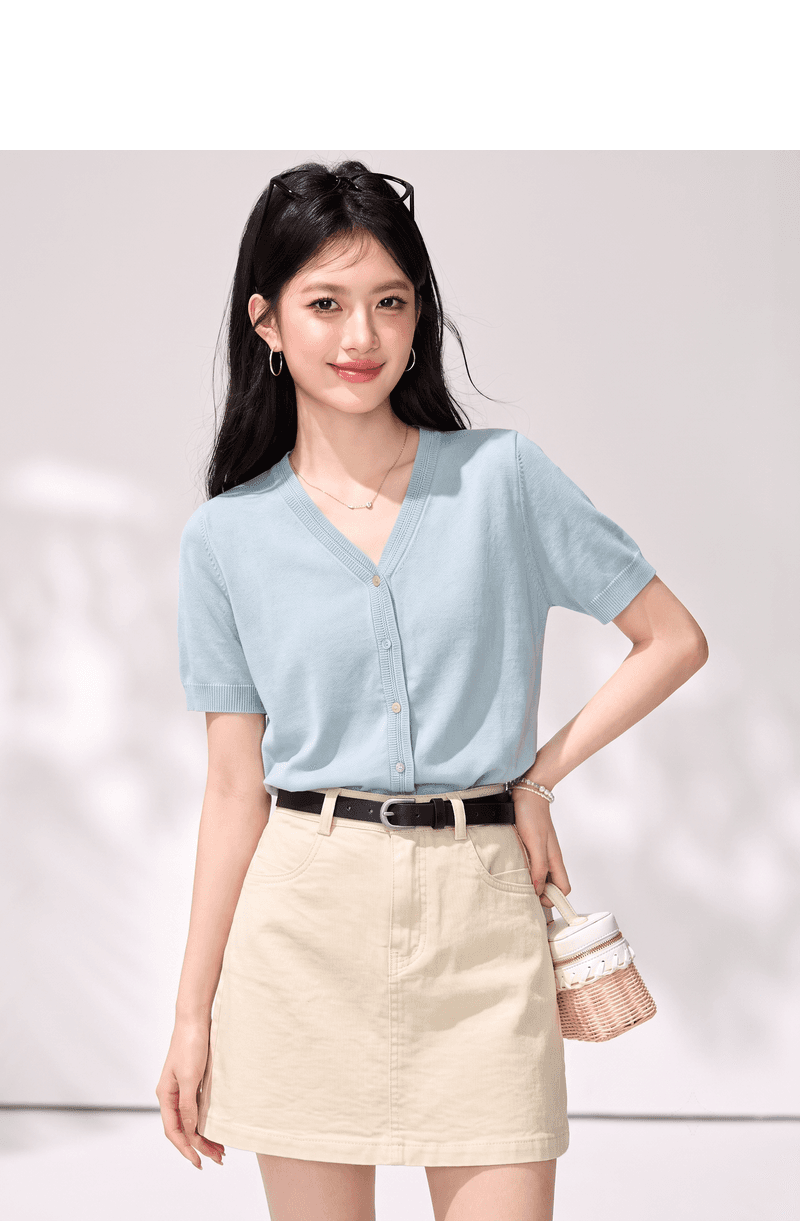 실사 한국 스타일 미니멀리즘 다용도 V넥 반팔 티셔츠 여성 여름 드레스 여름 새로운 디자인 센스 니트 오픈 가디건 맨위 상세 이미지 4