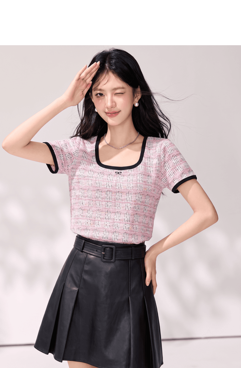 실사 작은 샤넬 스타일 배색 반팔 티셔츠 여성 여름 다용도 품격 몸매 가꾸기 슬림해 보이는 Chic 아름다운 맨위 상세 이미지 4
