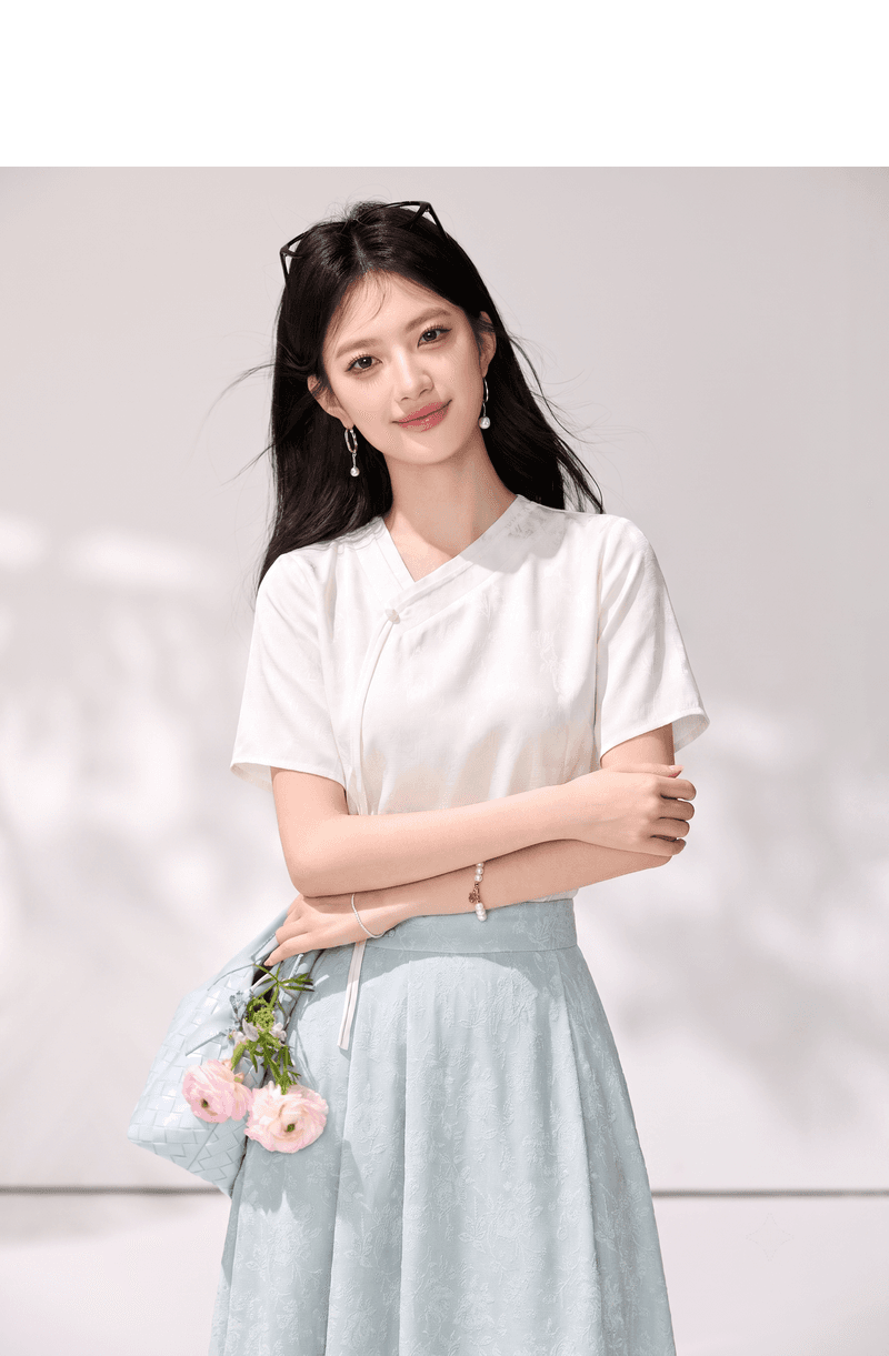 실사 여름 국풍 V넥 디자인 센스 반팔 여성 셔츠 새로운 중식 자카드 품격 말 얼굴 치마 맨위 상세 이미지 2