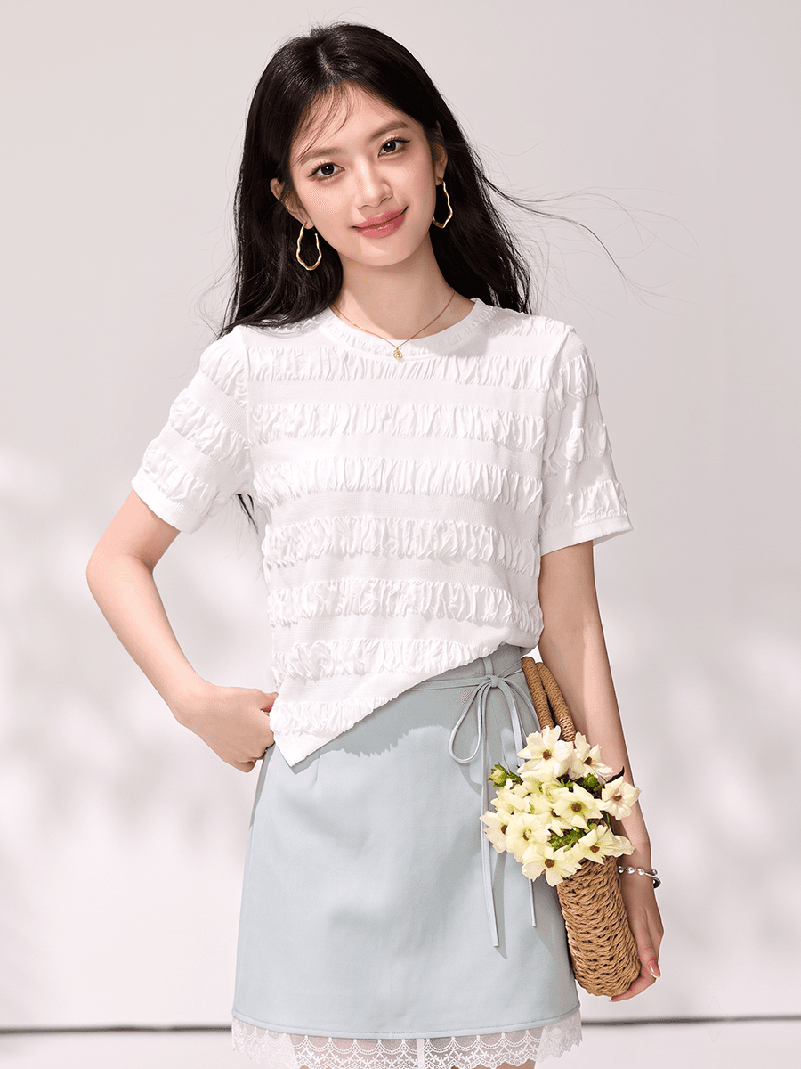 실사 불규칙 밑단 반팔 티셔츠 여성 2026 여름 새로운 Chic 디자인 센스 작은 대중 주름 맨위 이미지 5