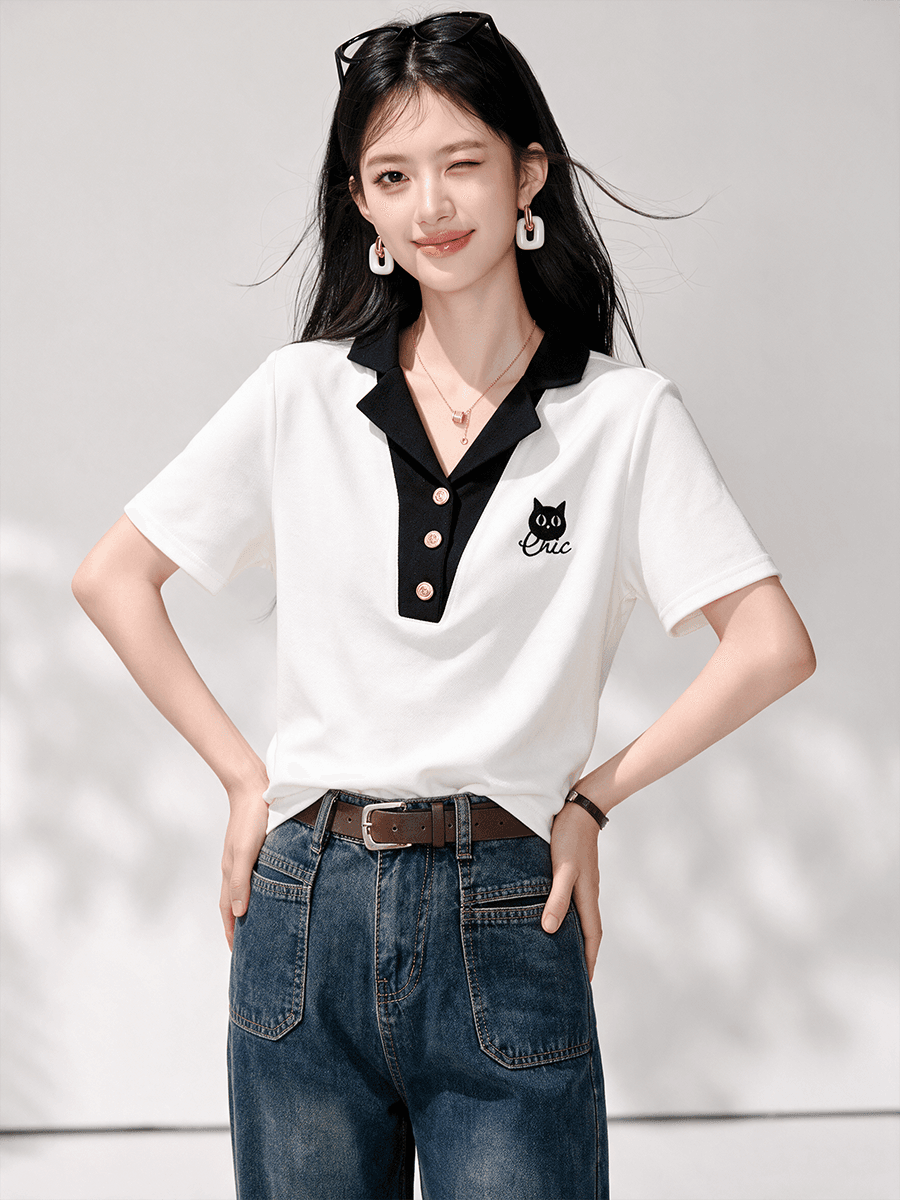 실사 디자인 센스 패치워크 V넥 긍정적 인 어깨 티셔츠 여성 2026 새로운 여름 슬림해 보이는 반팔 다용도 맨위 이미지 5
