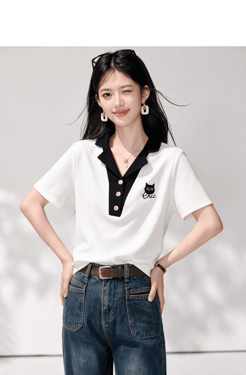 실사 디자인 센스 패치워크 V넥 긍정적 인 어깨 티셔츠 여성 2026 새로운 여름 슬림해 보이는 반팔 다용도 맨위 상세 이미지 4