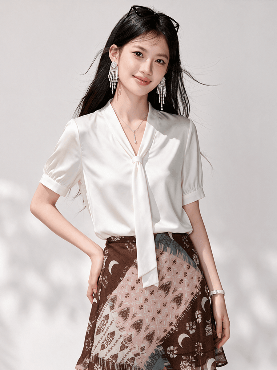 실사 화이트 리본 셔츠 여성용 짧은 소매 여름 쉬폰 품격 출퇴근 경력 도루 센스 V넥 셔츠 이미지 2