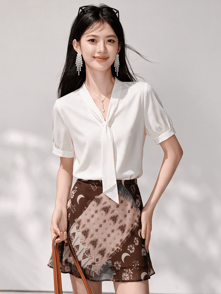 실사 화이트 리본 셔츠 여성용 짧은 소매 여름 쉬폰 품격 출퇴근 경력 도루 센스 V넥 셔츠 이미지 3