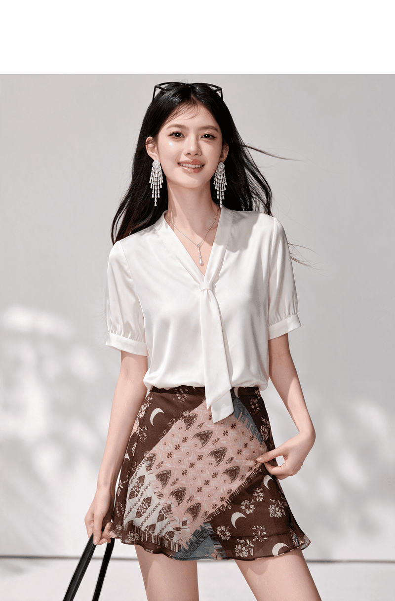 실사 화이트 리본 셔츠 여성용 짧은 소매 여름 쉬폰 품격 출퇴근 경력 도루 센스 V넥 셔츠 상세 이미지 2