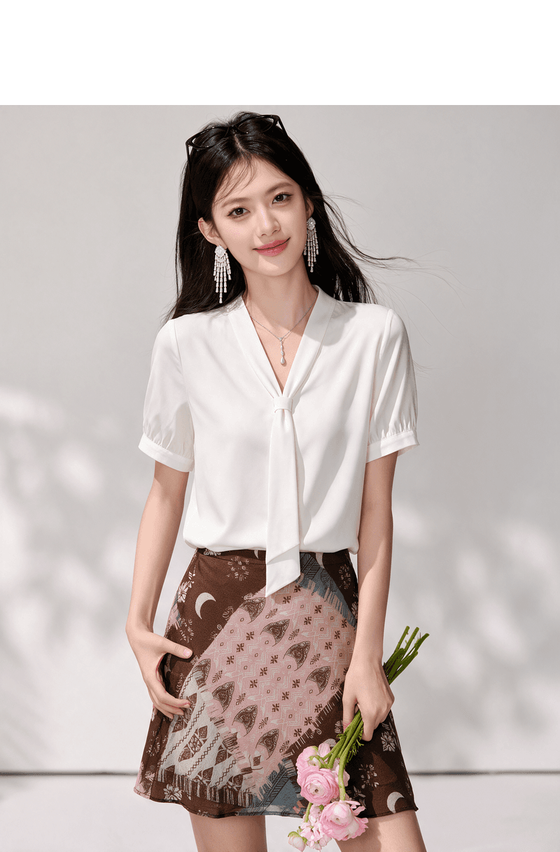실사 화이트 리본 셔츠 여성용 짧은 소매 여름 쉬폰 품격 출퇴근 경력 도루 센스 V넥 셔츠 상세 이미지 4