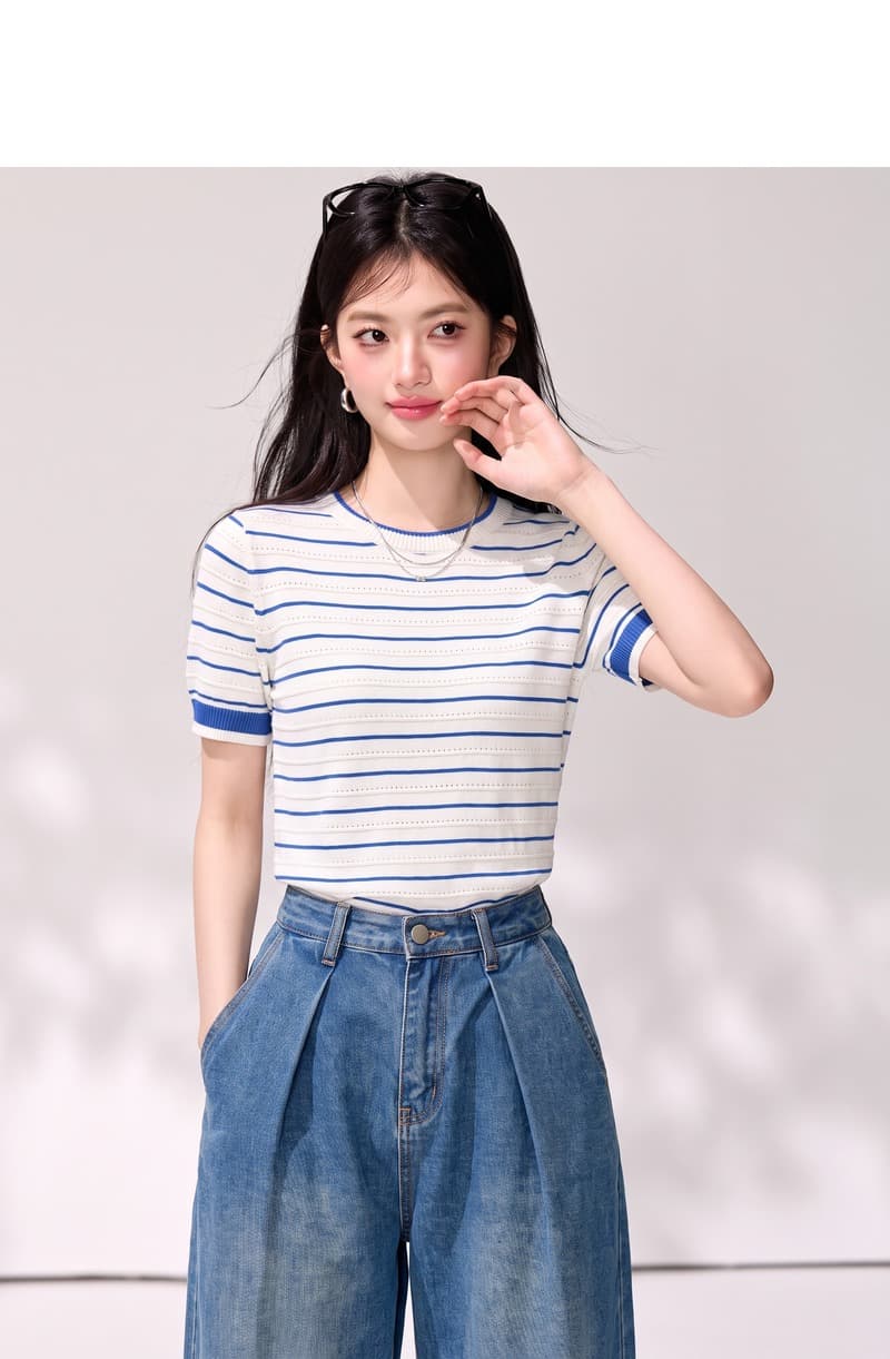 실사 스트라이프 긍정적 인 어깨 반팔 니트 스웨터 여자 여름 디자인 센스 배색 홀로우 아웃 얇은 스타일 품격 맨위 상세 이미지 4