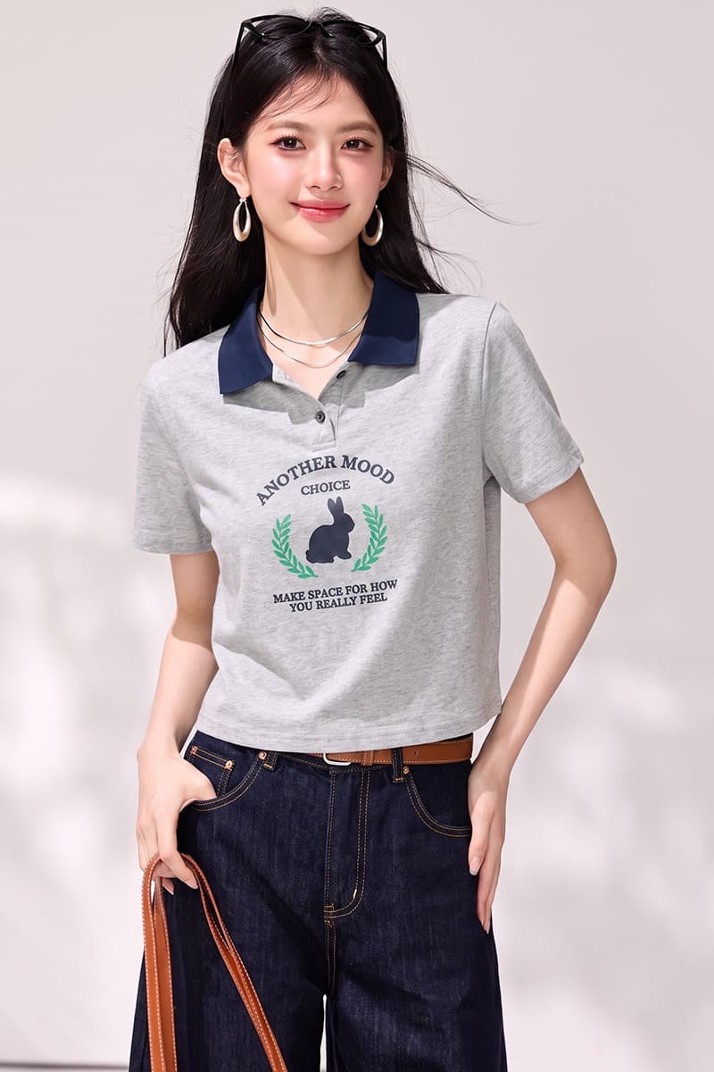 실사 넓은 색상 아메리칸 토끼 반팔 순면 티셔츠 여성 2026 여름 새로운 회색 POLO 칼라 쇼트 스타일 맨위 이미지 7