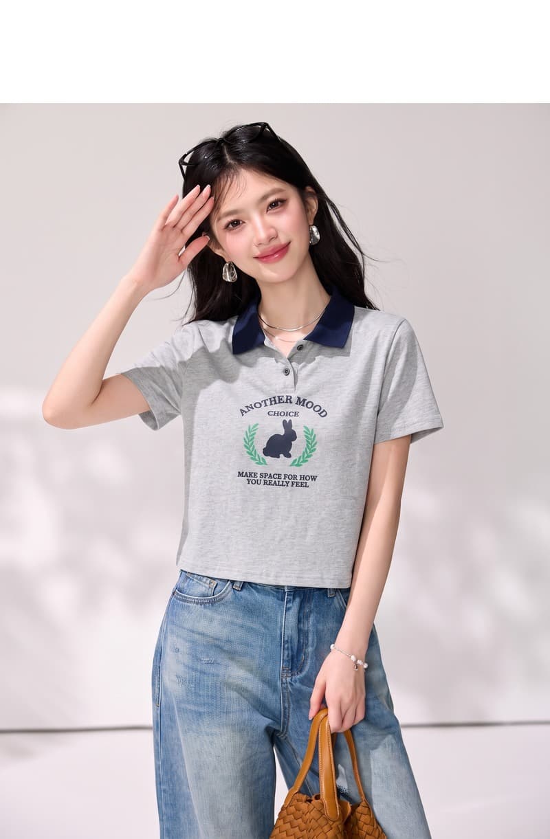 실사 넓은 색상 아메리칸 토끼 반팔 순면 티셔츠 여성 2026 여름 새로운 회색 POLO 칼라 쇼트 스타일 맨위 상세 이미지 3