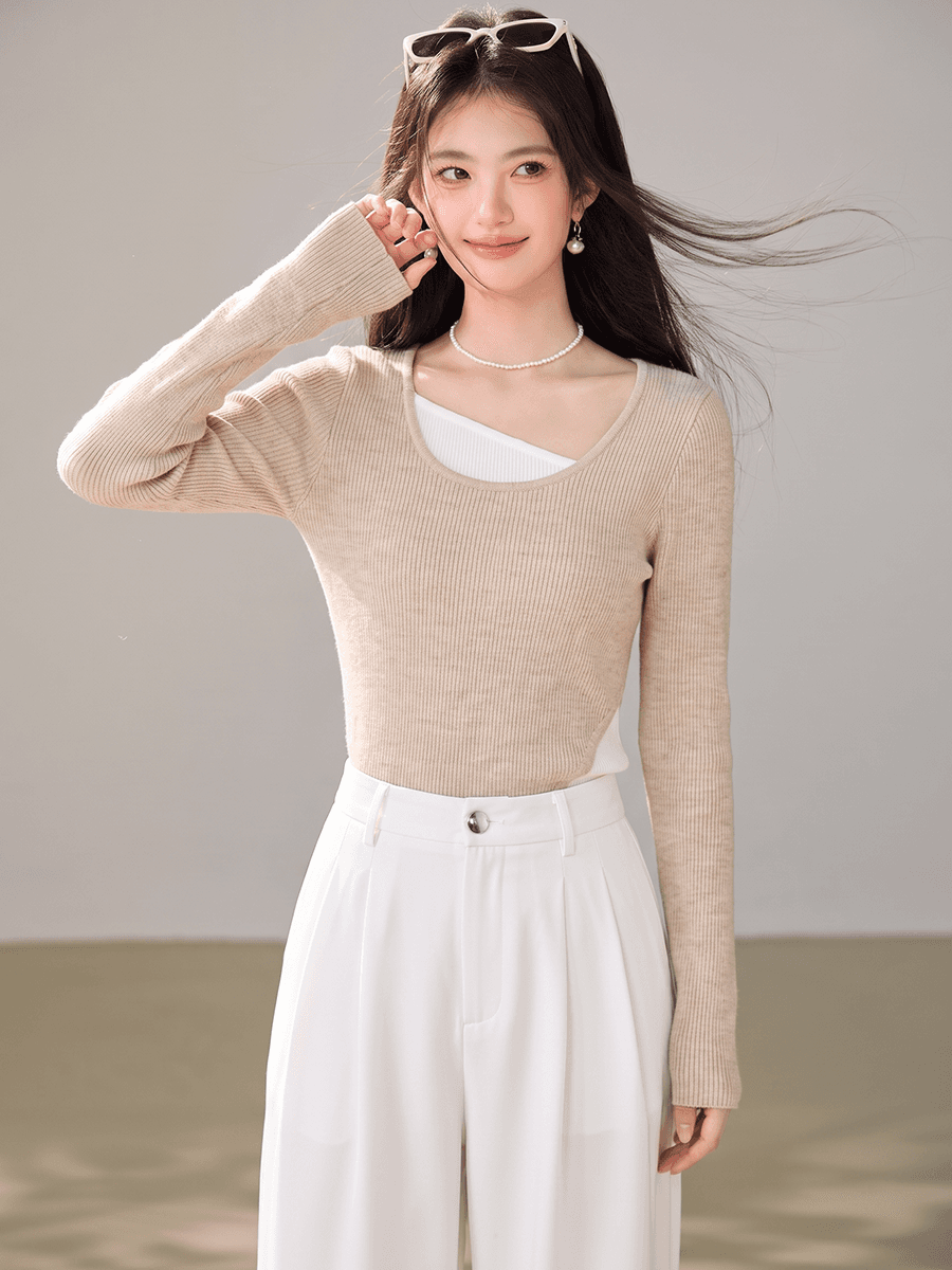 실사 이른 가을 라운드 넥 쇼트 스타일 패션 여성 기본 셔츠 새로운 티셔츠 패치워크 불규칙 긴팔 맨위 이미지 5