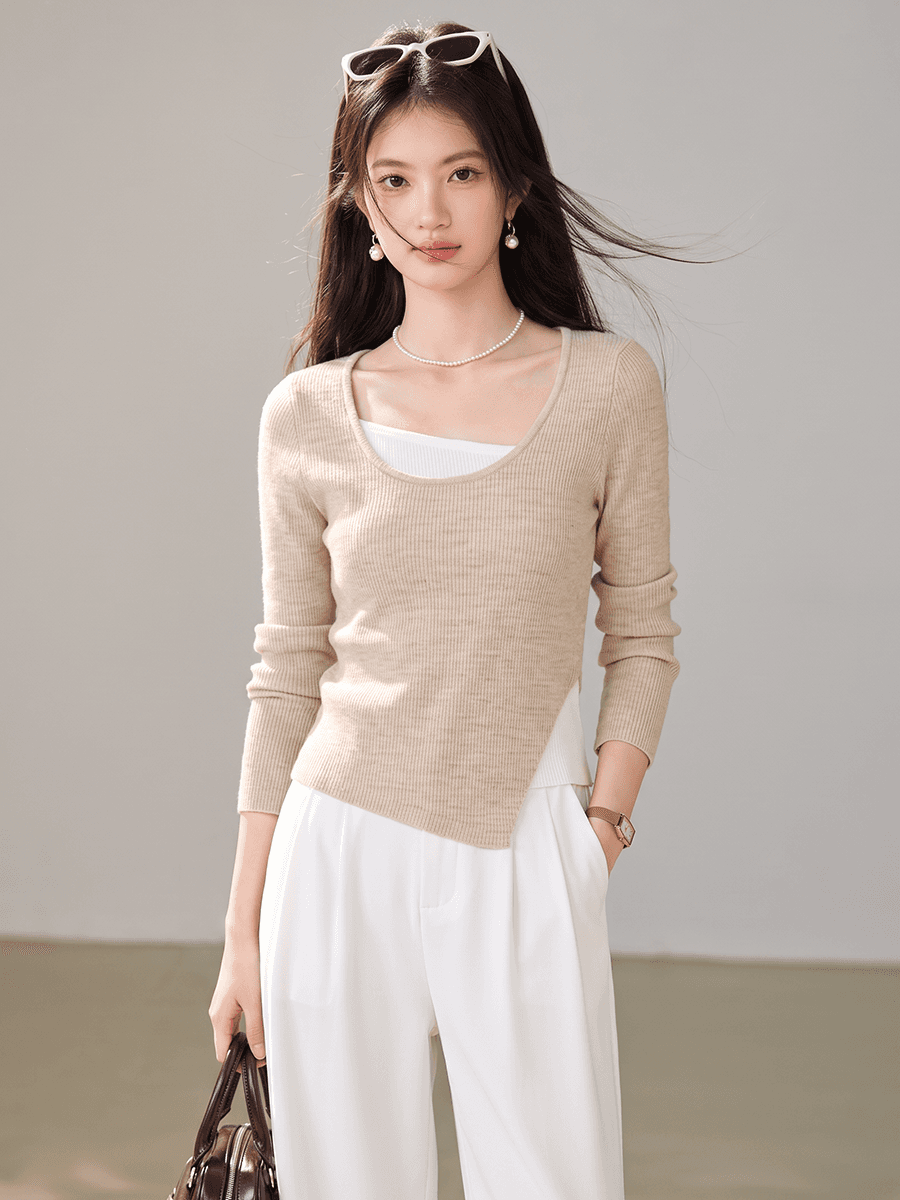 실사 이른 가을 라운드 넥 쇼트 스타일 패션 여성 기본 셔츠 새로운 티셔츠 패치워크 불규칙 긴팔 맨위 이미지 4