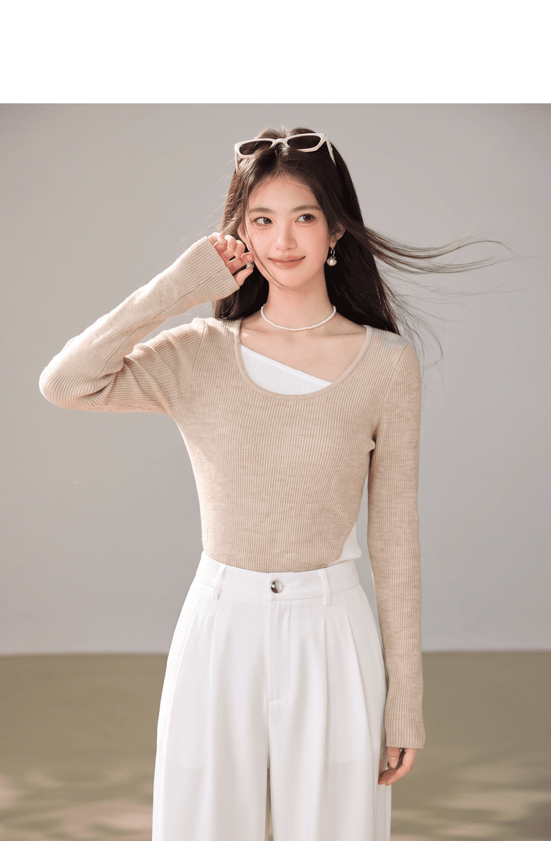 실사 이른 가을 라운드 넥 쇼트 스타일 패션 여성 기본 셔츠 새로운 티셔츠 패치워크 불규칙 긴팔 맨위 상세 이미지 3