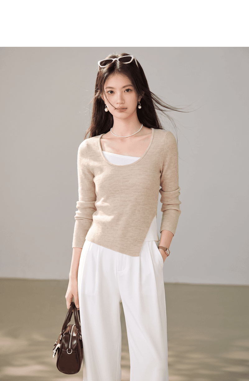 실사 이른 가을 라운드 넥 쇼트 스타일 패션 여성 기본 셔츠 새로운 티셔츠 패치워크 불규칙 긴팔 맨위 상세 이미지 4