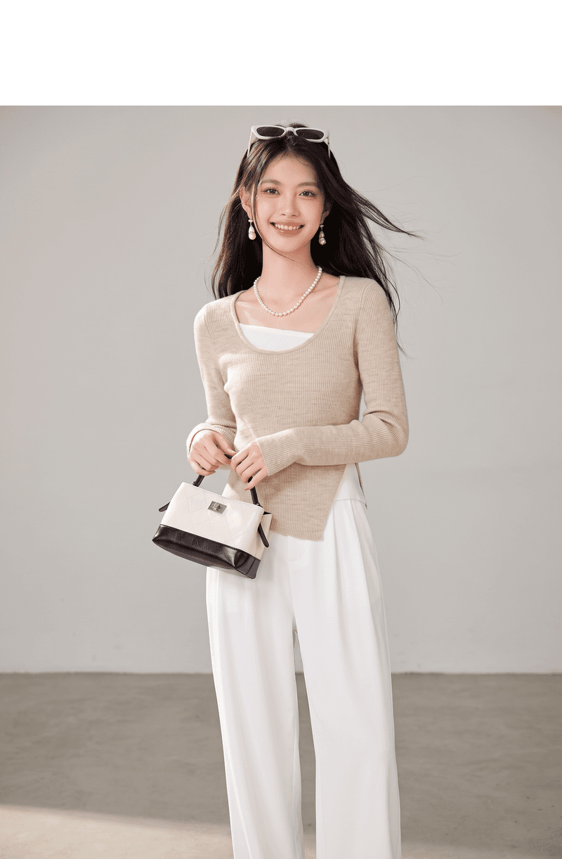 실사 이른 가을 라운드 넥 쇼트 스타일 패션 여성 기본 셔츠 새로운 티셔츠 패치워크 불규칙 긴팔 맨위 상세 이미지 5
