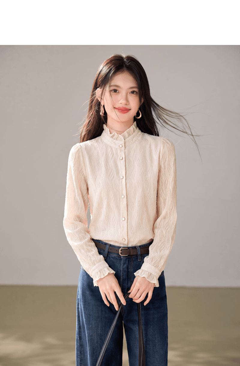 실사 프릴 스탠드 칼라 여성 셔츠 프랑스식 디자인 센스 새로운 패션 엠보싱 품격 맨위 레트로 셔츠 상세 이미지 2