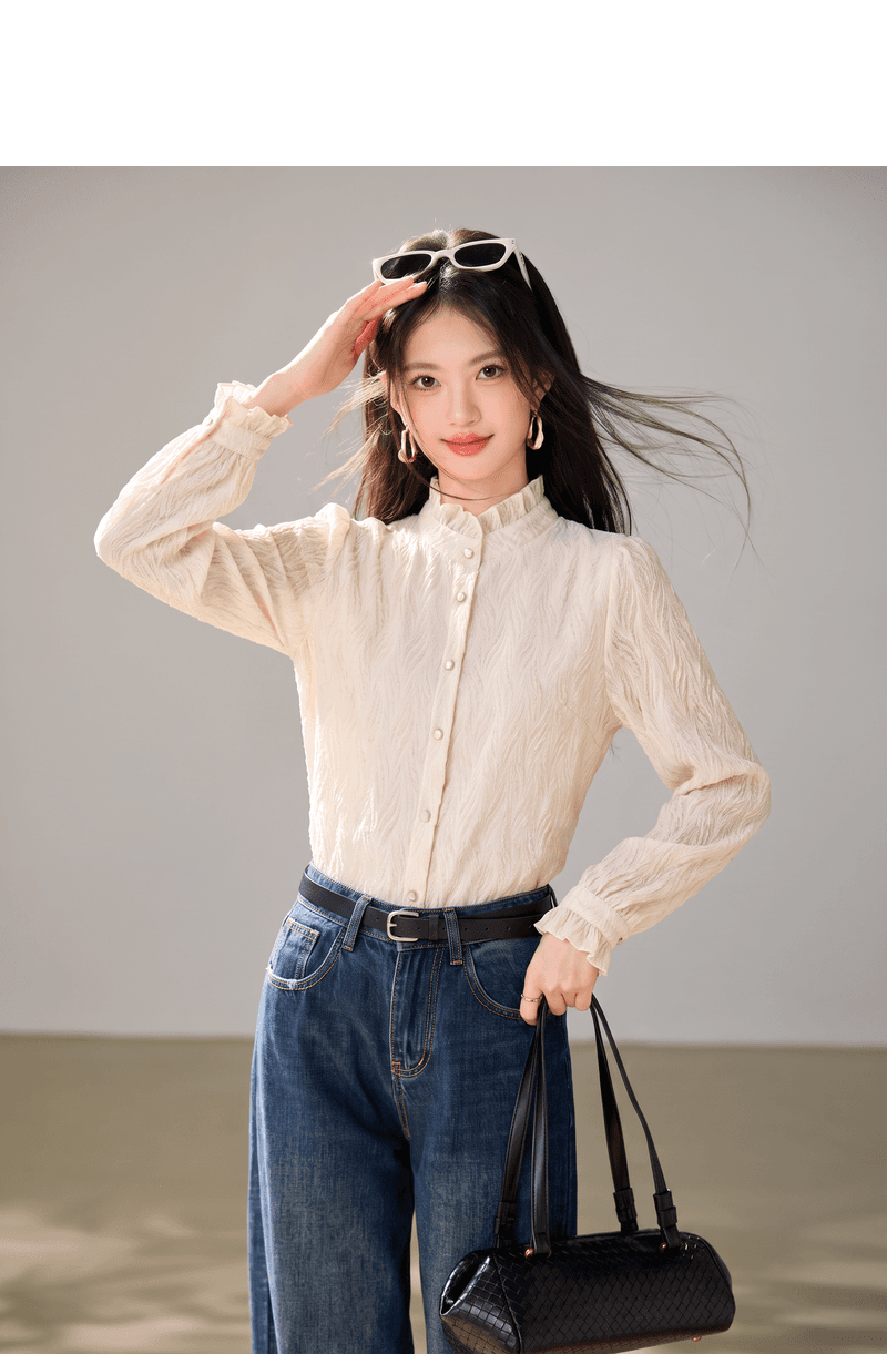 실사 프릴 스탠드 칼라 여성 셔츠 프랑스식 디자인 센스 새로운 패션 엠보싱 품격 맨위 레트로 셔츠 상세 이미지 5