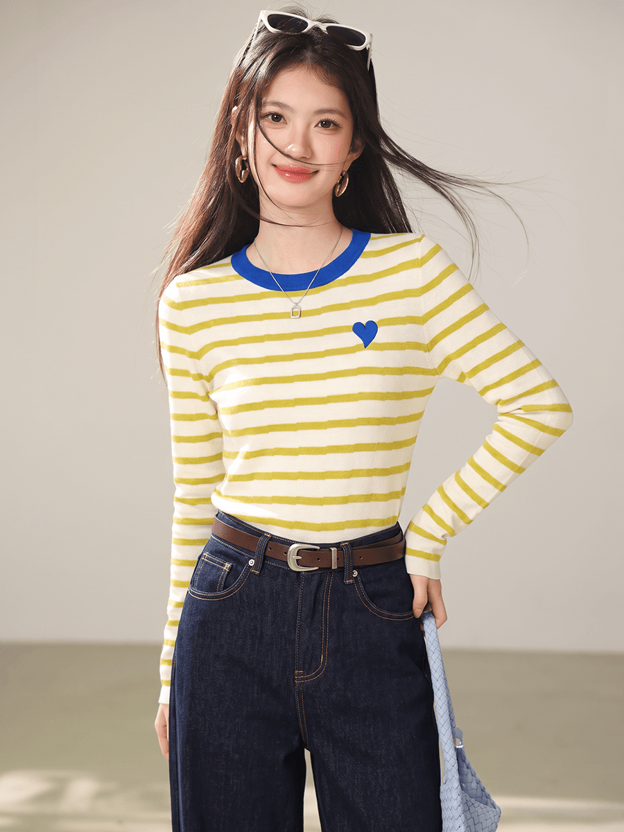 실사 고급 센스 스트라이프 몸매 가꾸기 인사이드 가져 가라. 기본 셔츠 맨위 여성 가을 수 있습니다. 외출용 긴팔 긍정적 인 어깨 니트 티셔츠 이미지 2
