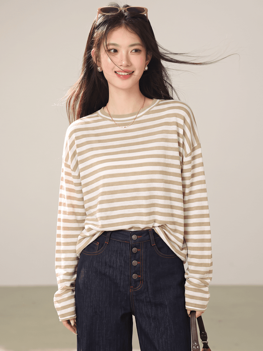 실사 느긋한 바람 배색 스트라이프 루즈핏 니트 스웨터 스웨터 여자 라운드 넥 긴팔 풀오버 맨위 외출용 이미지 4