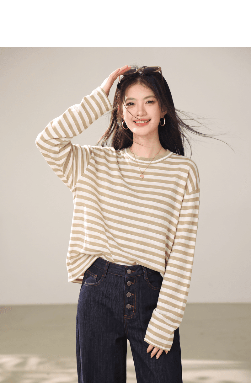 실사 느긋한 바람 배색 스트라이프 루즈핏 니트 스웨터 스웨터 여자 라운드 넥 긴팔 풀오버 맨위 외출용 상세 이미지 2