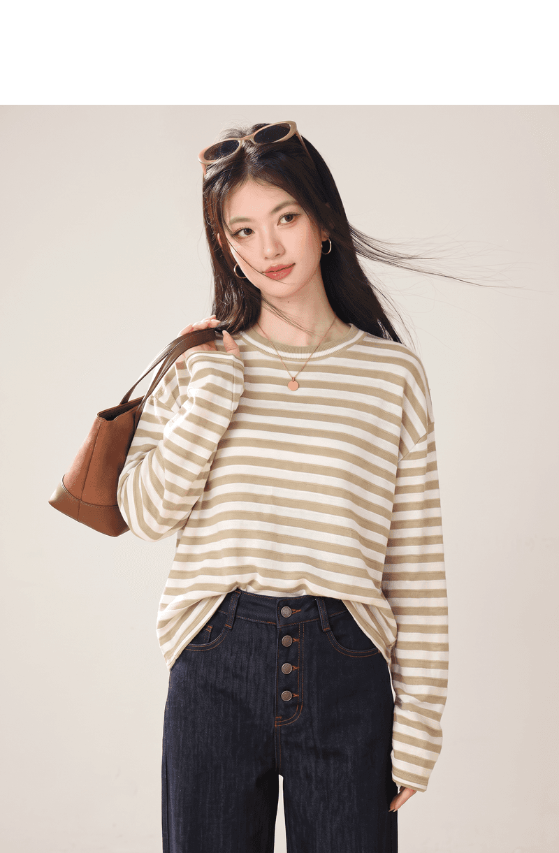 실사 느긋한 바람 배색 스트라이프 루즈핏 니트 스웨터 스웨터 여자 라운드 넥 긴팔 풀오버 맨위 외출용 상세 이미지 5