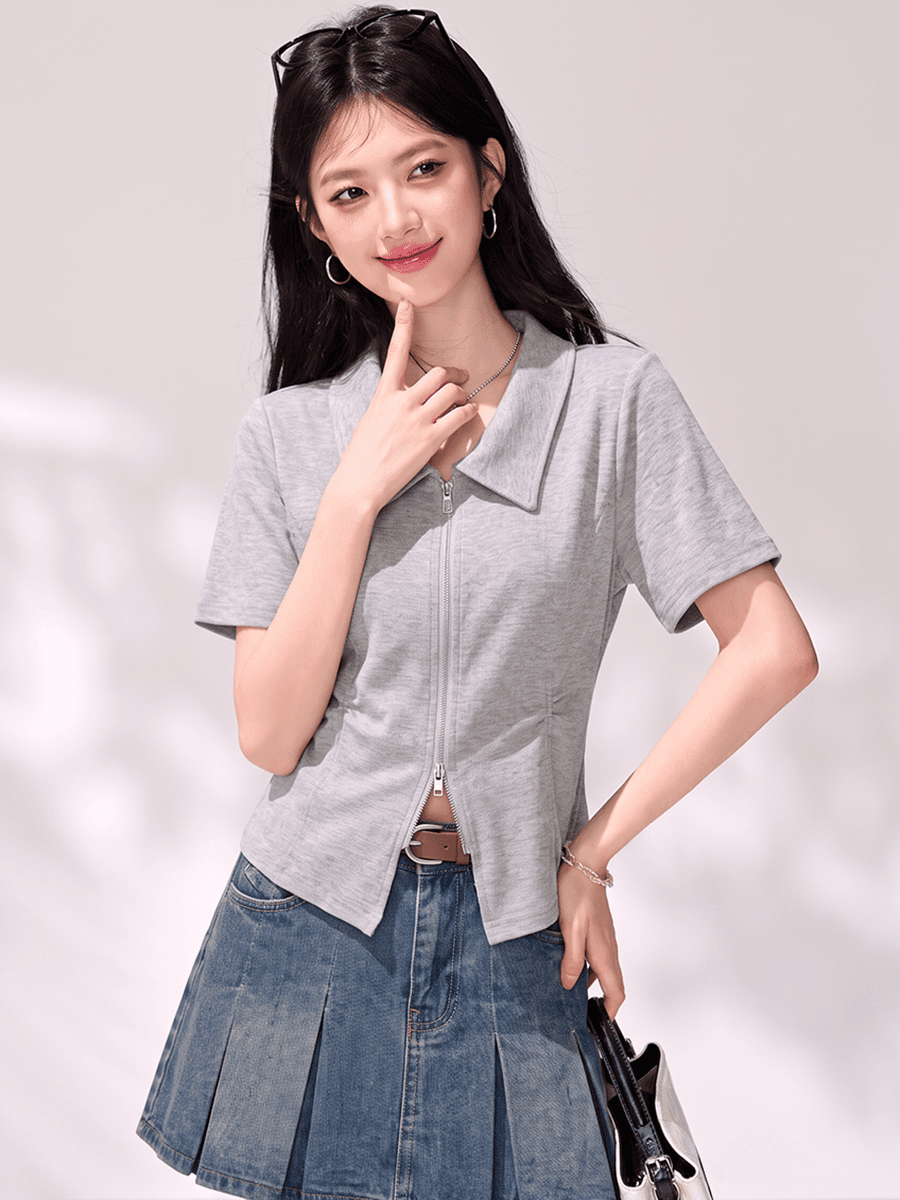 실사 회색 POLO 칼라 지퍼 긍정적 인 어깨 반팔 여성 여름 몸매 가꾸기 쇼트 스타일 허리 수축 반소매 2026 새로운 맨위