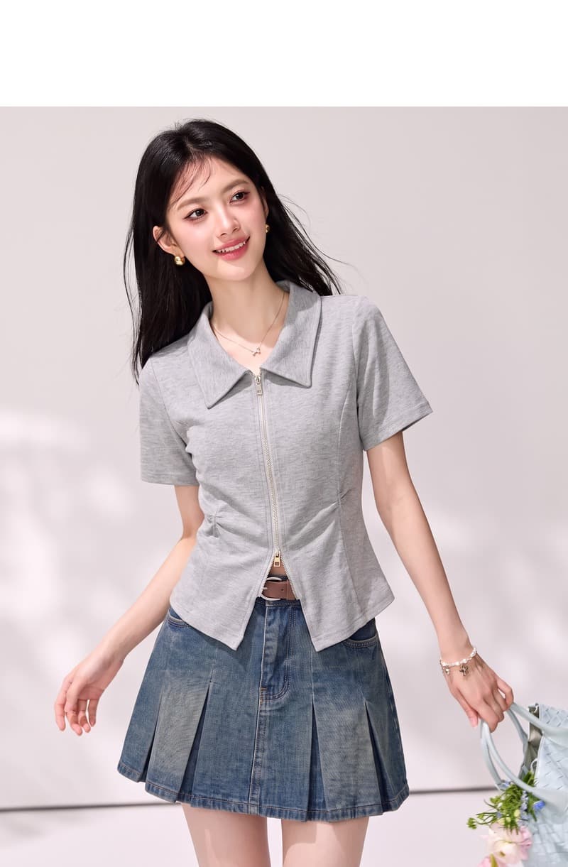 실사 회색 POLO 칼라 지퍼 긍정적 인 어깨 반팔 여성 여름 몸매 가꾸기 쇼트 스타일 허리 수축 반소매 2026 새로운 맨위 상세 이미지 3