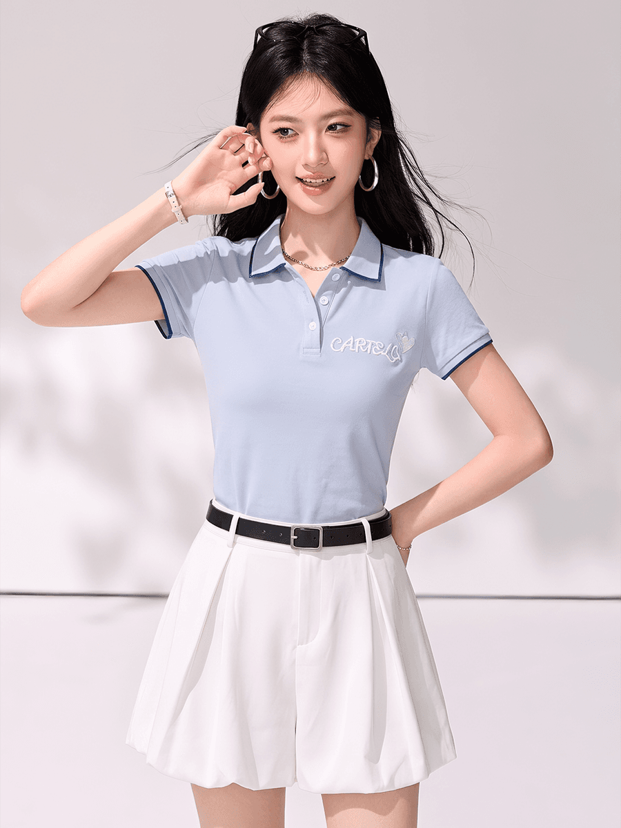 실사 POLO 셔츠 여성용 짧은 소매 2026 여름 새로운 고유 한 디자인 센스 파란색 루즈핏 긍정적 인 어깨 티셔츠 맨위 이미지 4