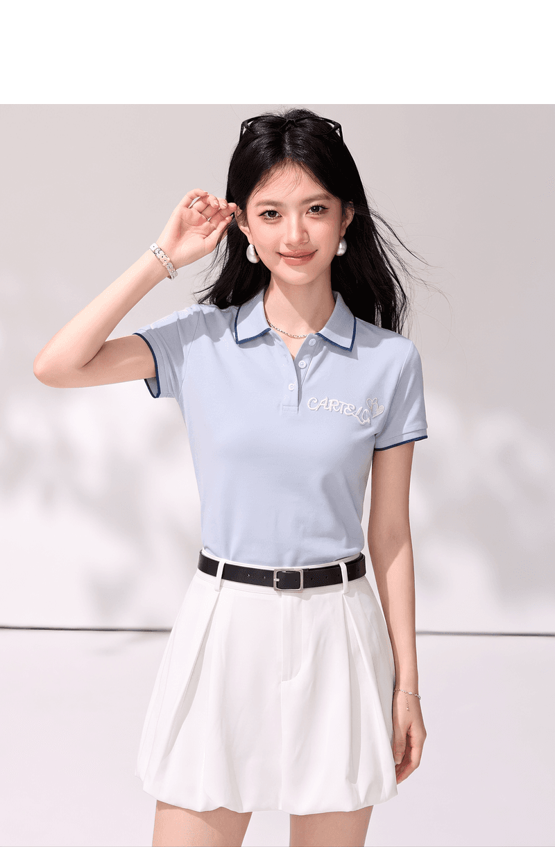 실사 POLO 셔츠 여성용 짧은 소매 2026 여름 새로운 고유 한 디자인 센스 파란색 루즈핏 긍정적 인 어깨 티셔츠 맨위 상세 이미지 5